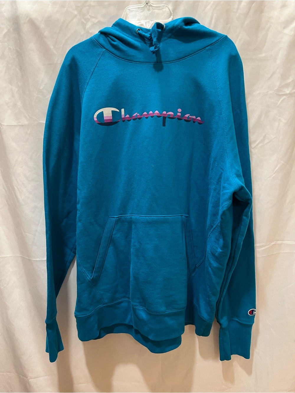 Champion Teal Pullover Hoodie with Multicolor Script Logo